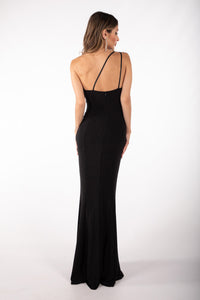 Open back strappy design of shimmer Black maxi dress featuring asymmetrical one shoulder neckline, a bodycon fit with gathering detail at the front and thigh-high leg slit