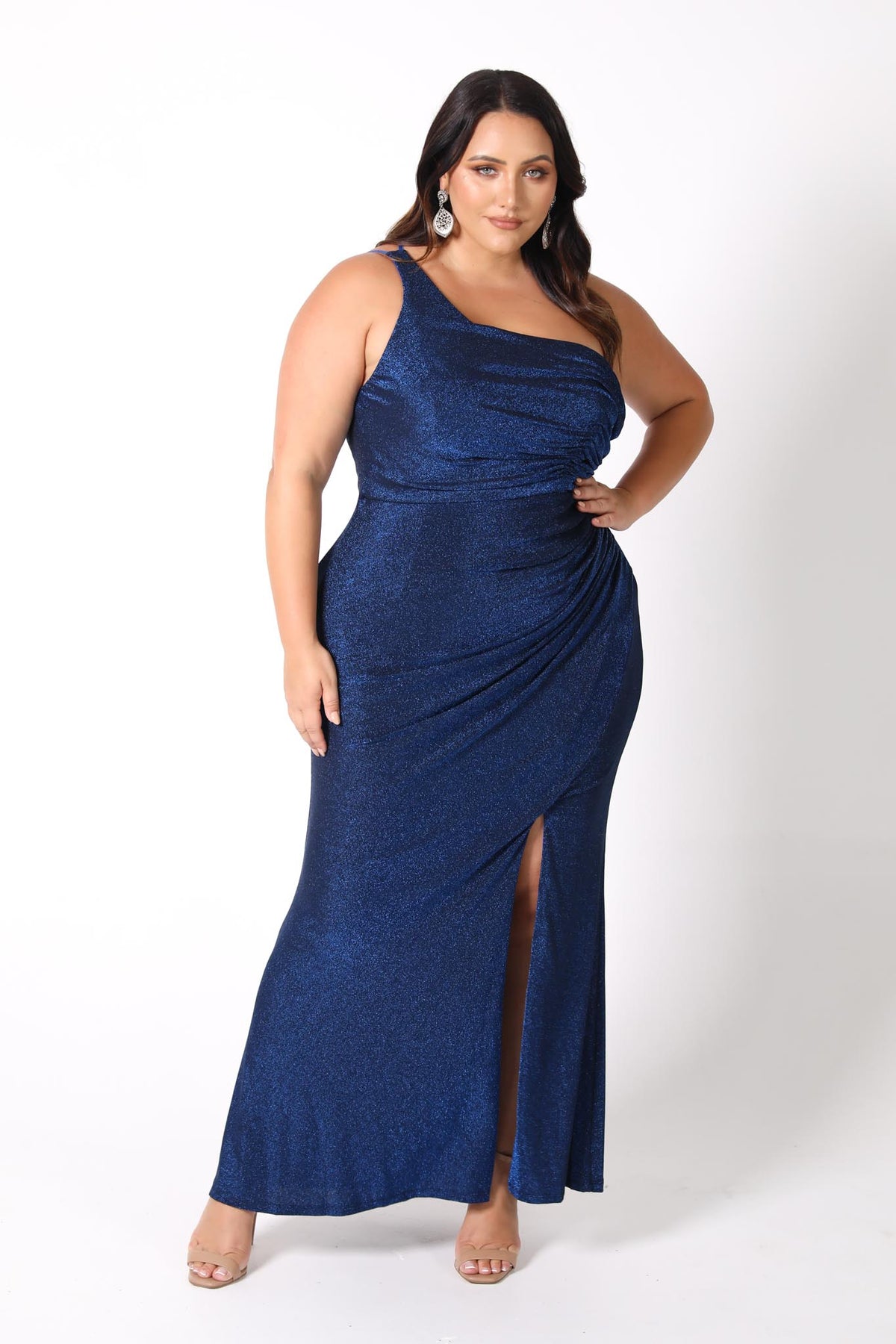 Plus Size One Shoulder Maxi Dress with Side Split in Shimmer Blue