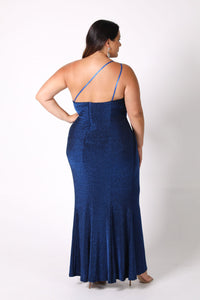 Back Image of Plus Size One Shoulder Maxi Dress with Side Split in Shimmer Blue