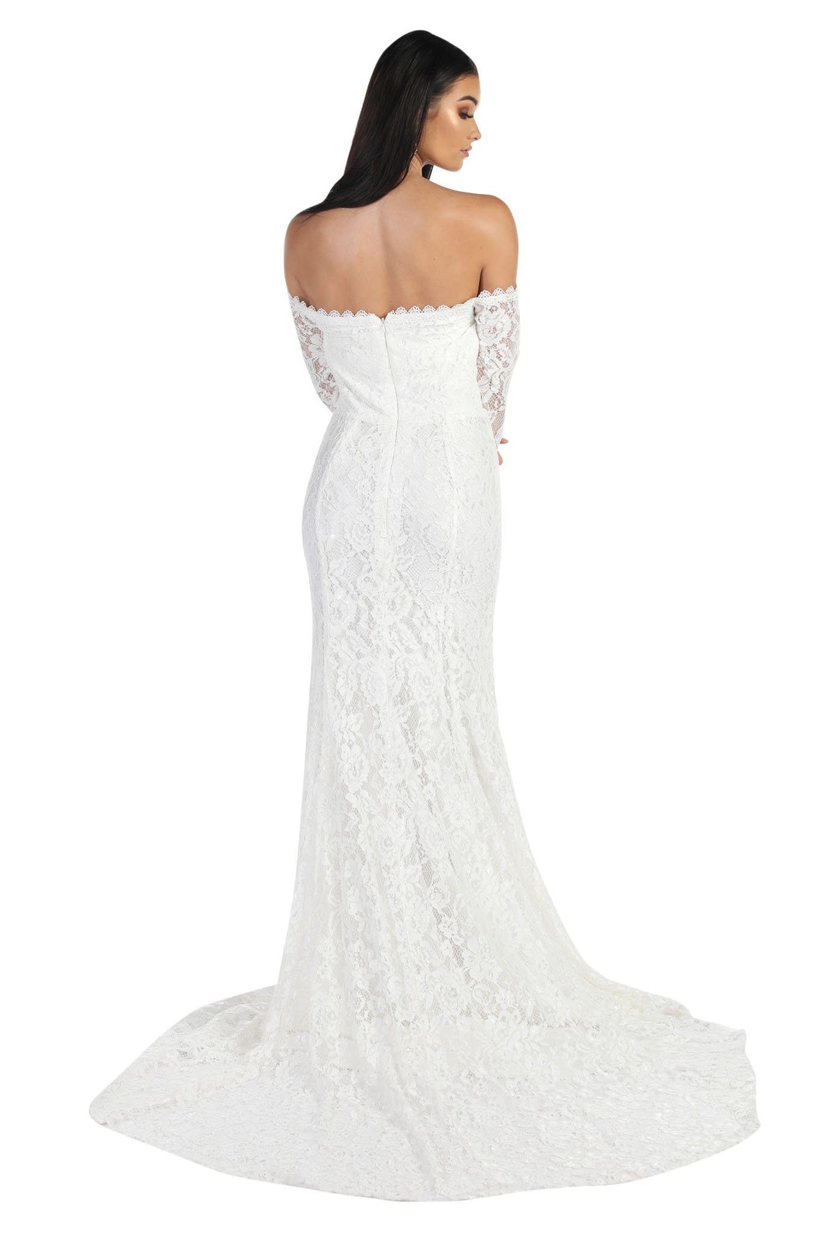 Caroline Off The Shoulder Long Sleeve Lace Gown - White