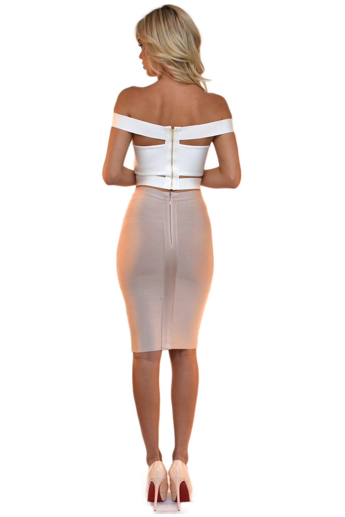 Back of white bandage top featuring off-shoulder panel design and stylish cutouts