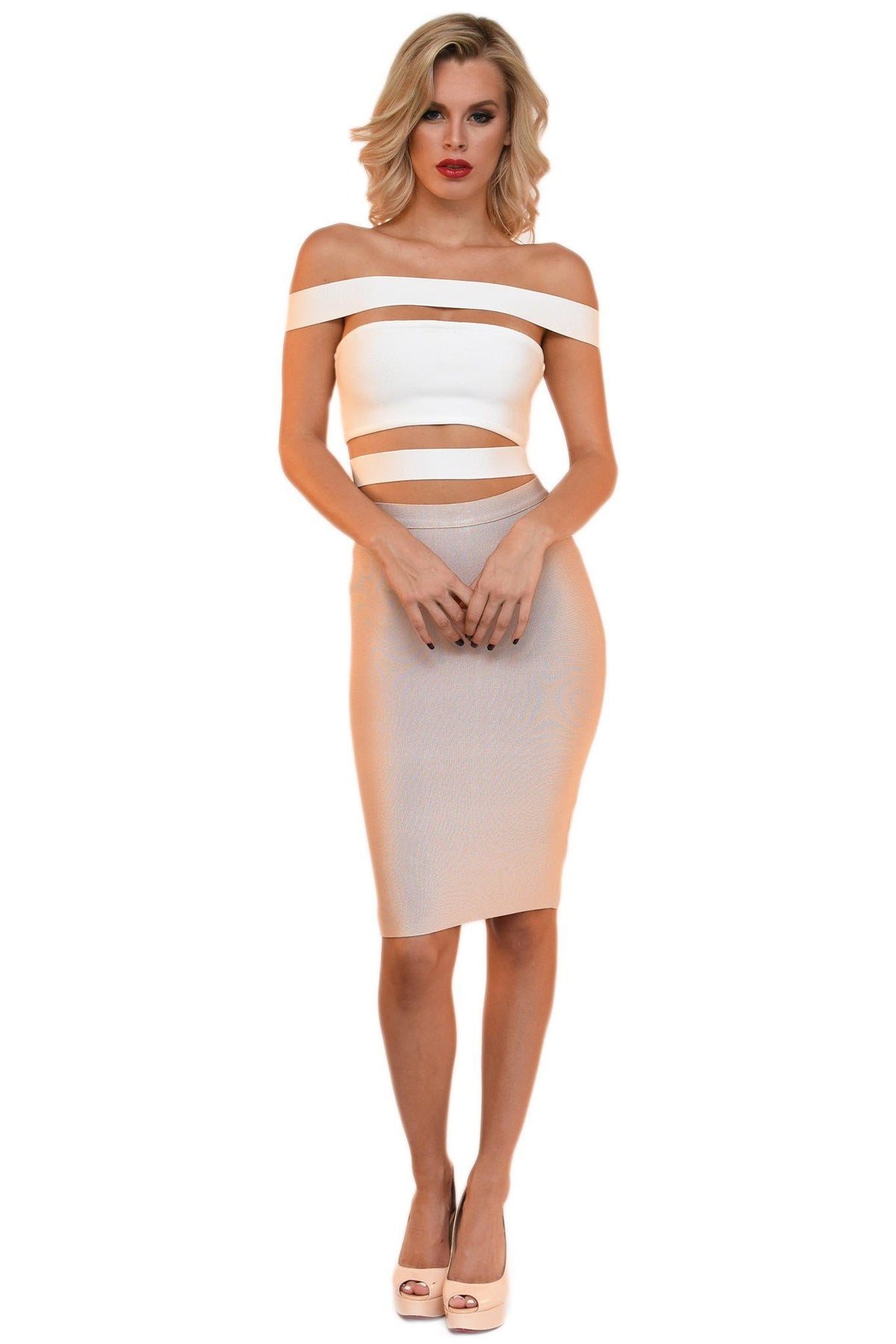 Front of white bandage top featuring off-shoulder panel design and stylish cutouts