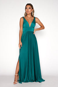Emerald Green Flowy Floor-Length A Line Maxi Dress featuring fitted V-Neckline Bodice, and Thigh-High Front Split