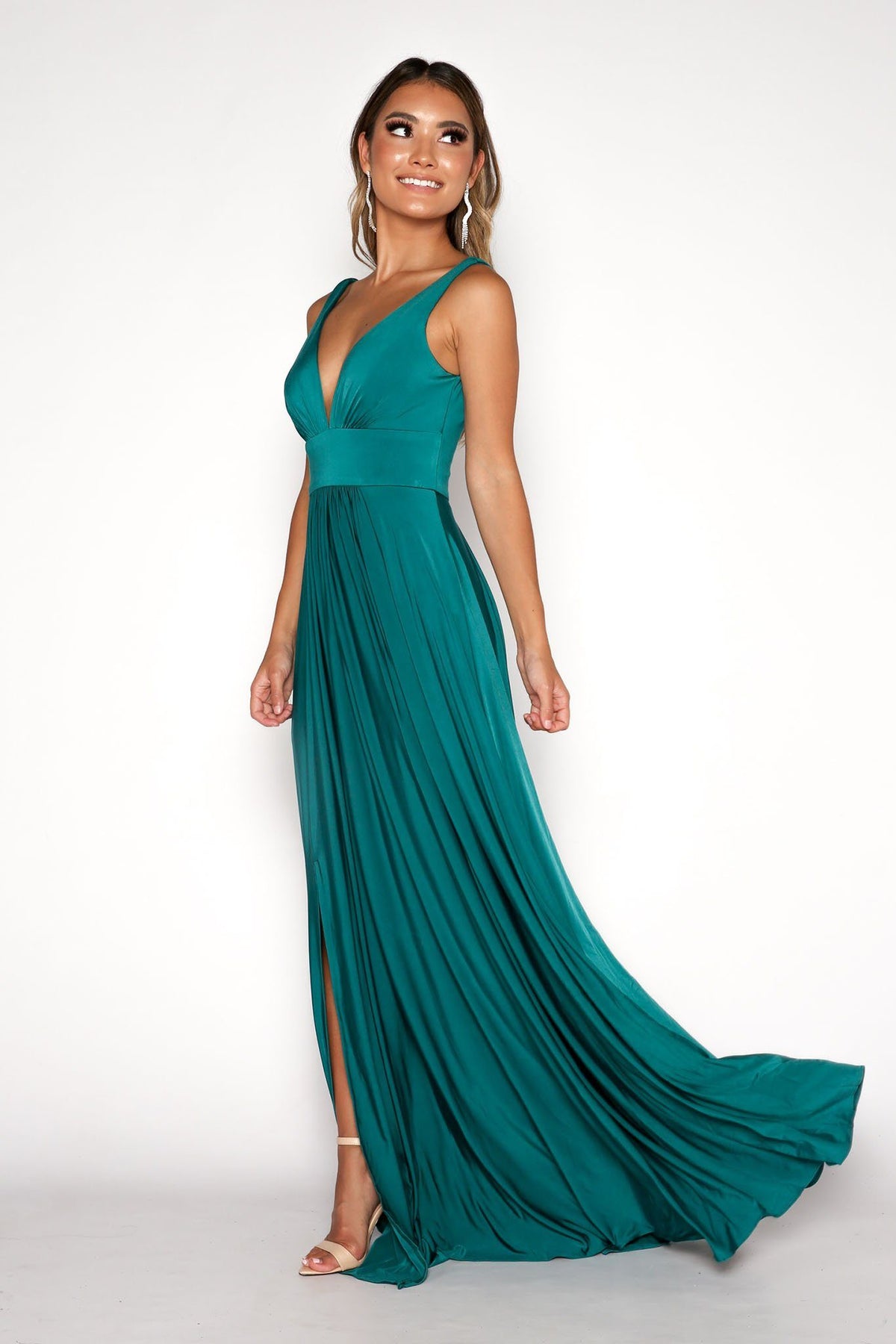 Emerald Green Flowy Floor-Length A Line Maxi Dress featuring fitted V-Neckline Bodice, and Thigh-High Front Split
