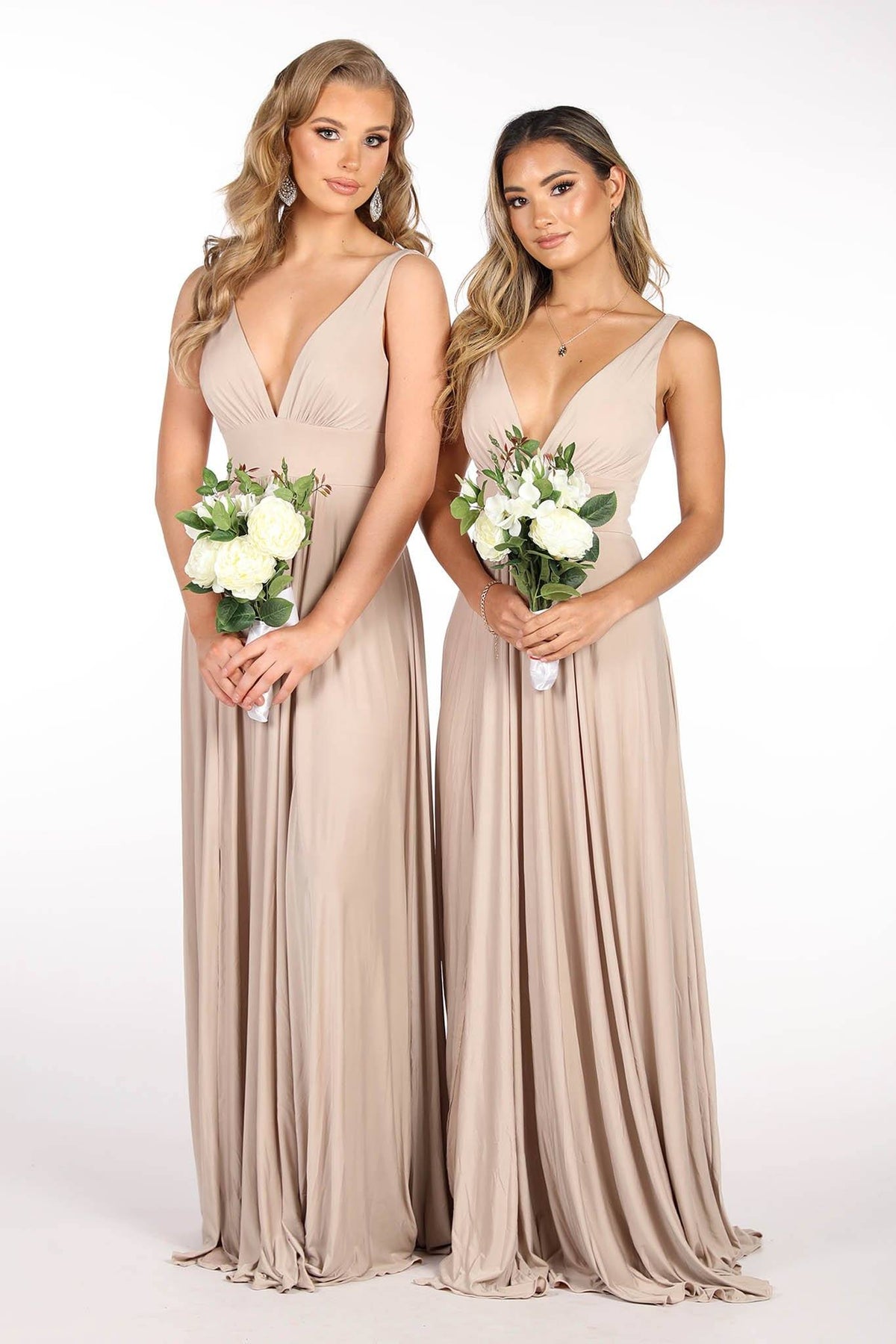 Nude Coloured Flowy Floor-Length Bridesmaid Dress featuring fitted V-Neckline Bodice, A-Line Skirt and Thigh-High Front Split