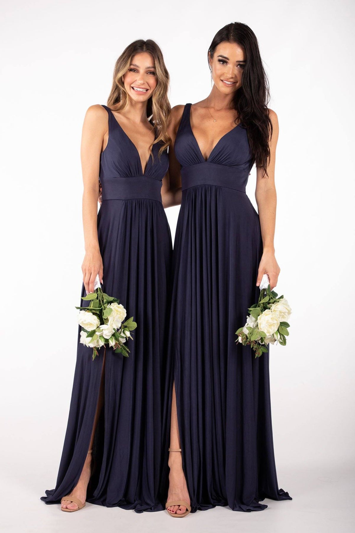 Navy Flowy Floor-Length A Line Maxi Bridesmaid Dress featuring fitted V-Neckline Bodice, and Thigh-High Front Split