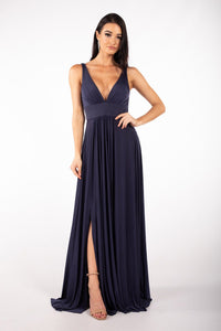 Navy Flowy Floor-Length A Line Maxi Dress featuring fitted V-Neckline Bodice, and Thigh-High Front Split