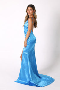 Fit & Flare Silhouette of V-Shape Open Back and Sweep Train Design of Sky Blue Satin Full Length Evening Gown with V Neckline,  Front Left Leg Split