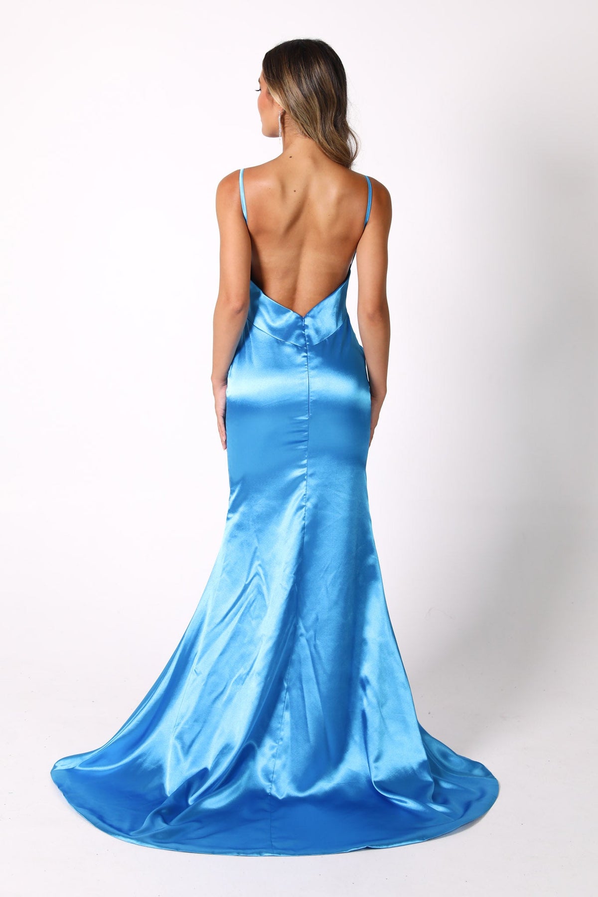 V-Shape Open Back and Sweep Train Design of Sky Blue Satin Full Length Evening Gown with V Neckline,  Front Left Leg Split and Fit & Flare Silhouette