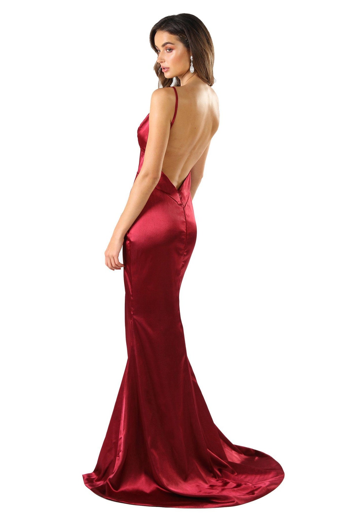 Deep red burgundy sleeveless satin formal long gown with thin shoulder straps, front thigh high slit, open back design and a long train