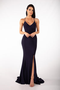 Shimmer Navy Deep Blue Maxi Evening Gown with V Neck, Side Split and Lace Up Open Back