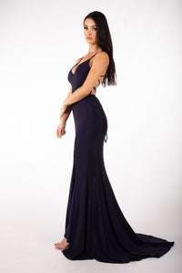 Side Image of Shimmer Navy Deep Blue Maxi Evening Gown with V Neck, Side Split and Lace Up Open Back