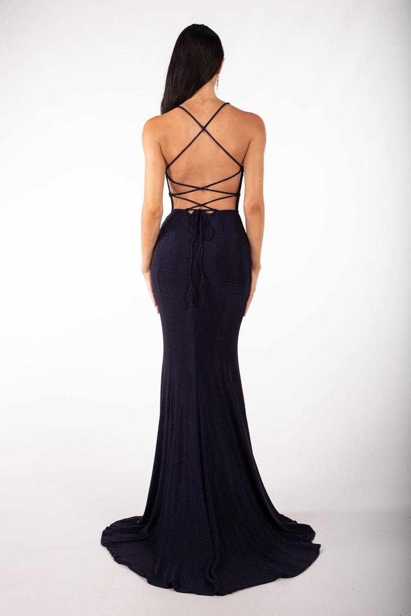 Lace Up Open Back and Small Train Design of Shimmer Navy Deep Blue Maxi Evening Gown with V Neck, Side Split