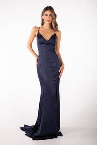 CIARA Lace Up Back Front Slit Satin Gown - Navy