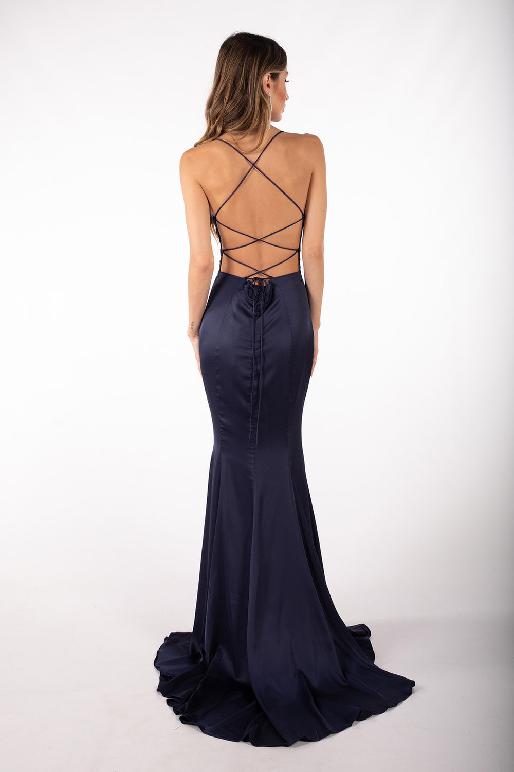 CIARA Lace Up Back Front Slit Satin Gown - Navy – Noodz Boutique