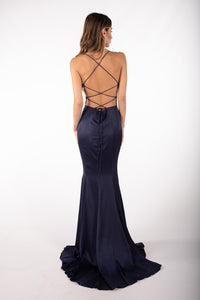 CIARA Lace Up Back Front Slit Satin Gown - Navy