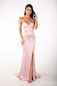 CIARA Lace Up Back Front Slit Satin Gown - Pink