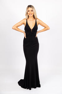 Black Floor Length Fitted Evening Dress with Deep V Neckline and Open Back