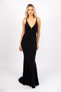 Black Floor Length Fitted Evening Dress with Deep V Neckline and Half Open Back