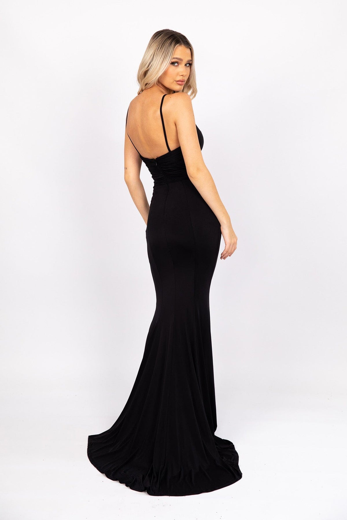 Open Back Design and Thin Shoulder Straps of Black Floor Length Fitted Evening Dress with Deep V Neckline