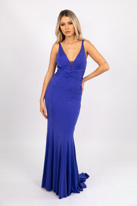 Electric Blue Floor Length Fitted Evening Dress with Deep V Neckline and Half Open Back