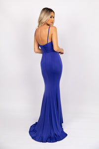 Open Back and Small Train of Electric Blue Floor Length Fitted Evening Dress with Deep V Neckline