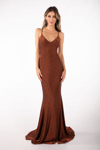 Shimmer Copper Brown Colored Maxi Evening Gown with V Neck, Side Split and Lace Up Open Back