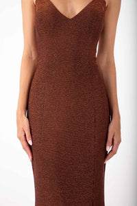 Close Up Image of Shimmer Copper Brown Colored Maxi Evening Gown with V Neck, Side Split and Lace Up Open Back