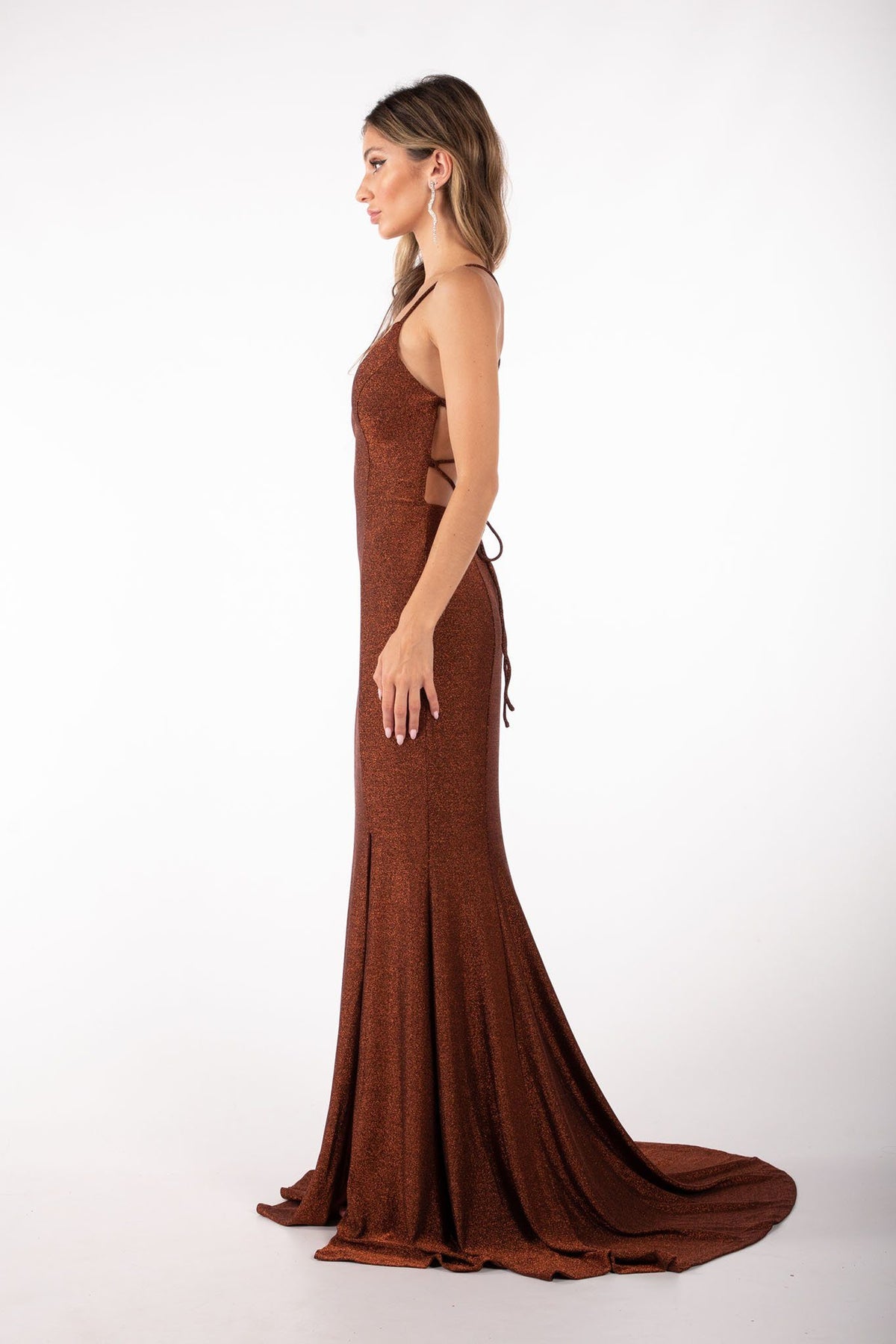 Side Image of Shimmer Copper Brown Colored Maxi Evening Gown with V Neck, Side Split and Lace Up Open Back