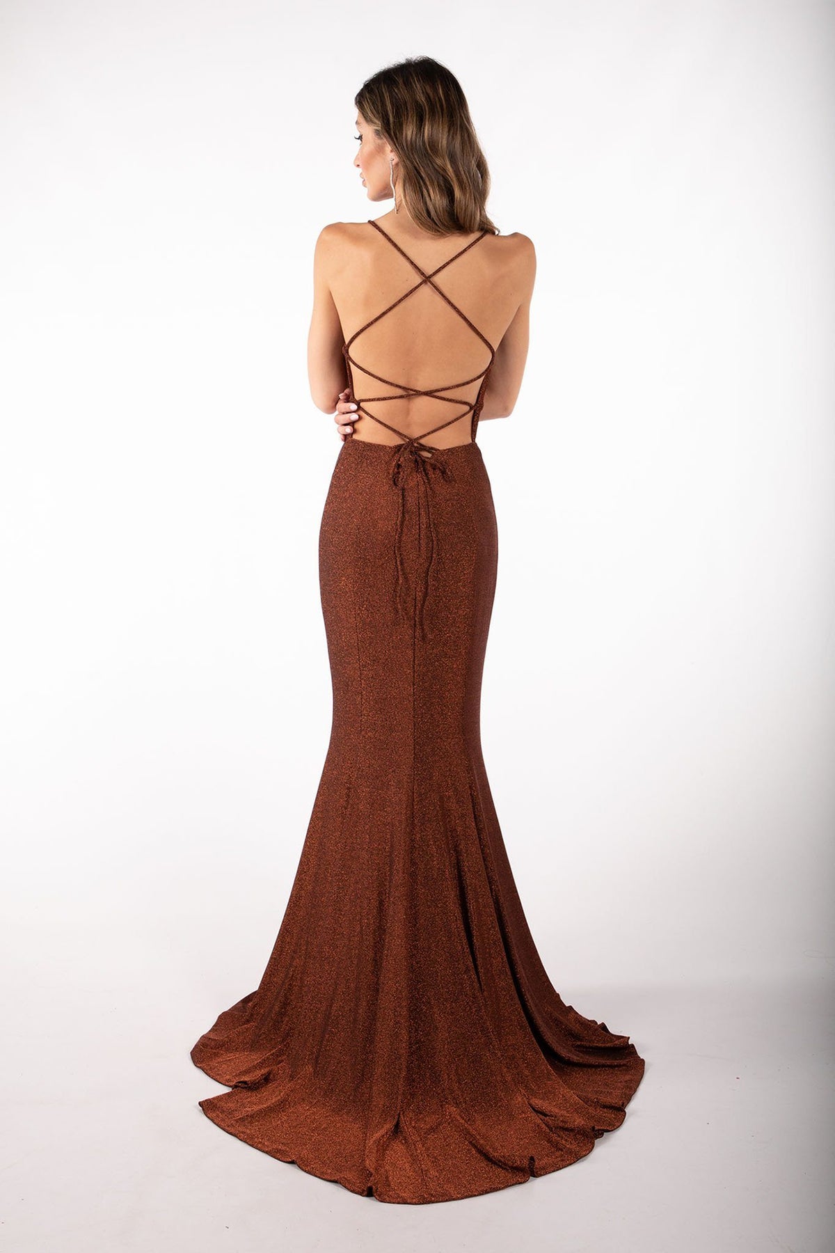 Lace Up Open Back and Small Train Design of Shimmer Copper Brown Colored Maxi Evening Gown with V Neck, Side Split