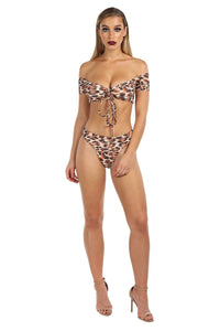 Leopard-print bikini set including off-shoulder bikini top with cap sleeves and cheeky bikini bottom
