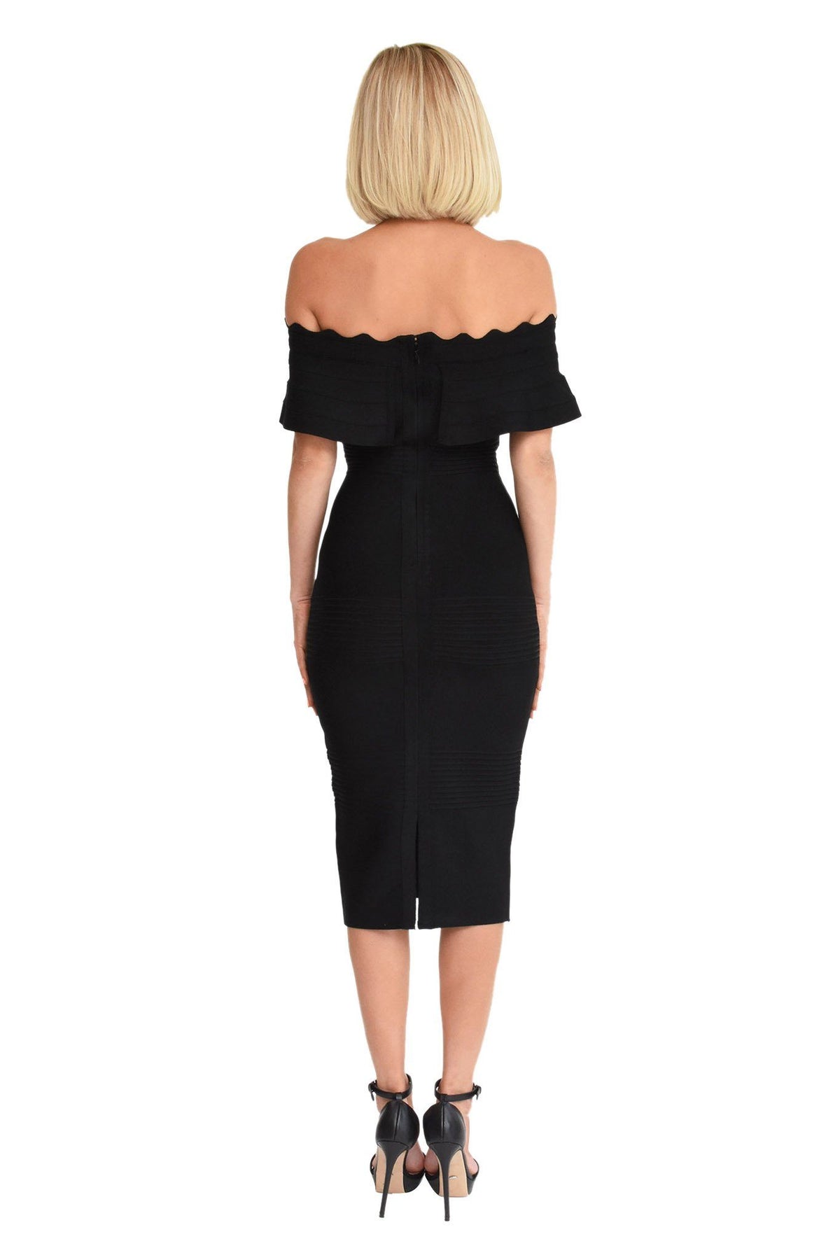Back of black peplum frill ruffle top bodycon below knee length bandage form fitted dress with back slit