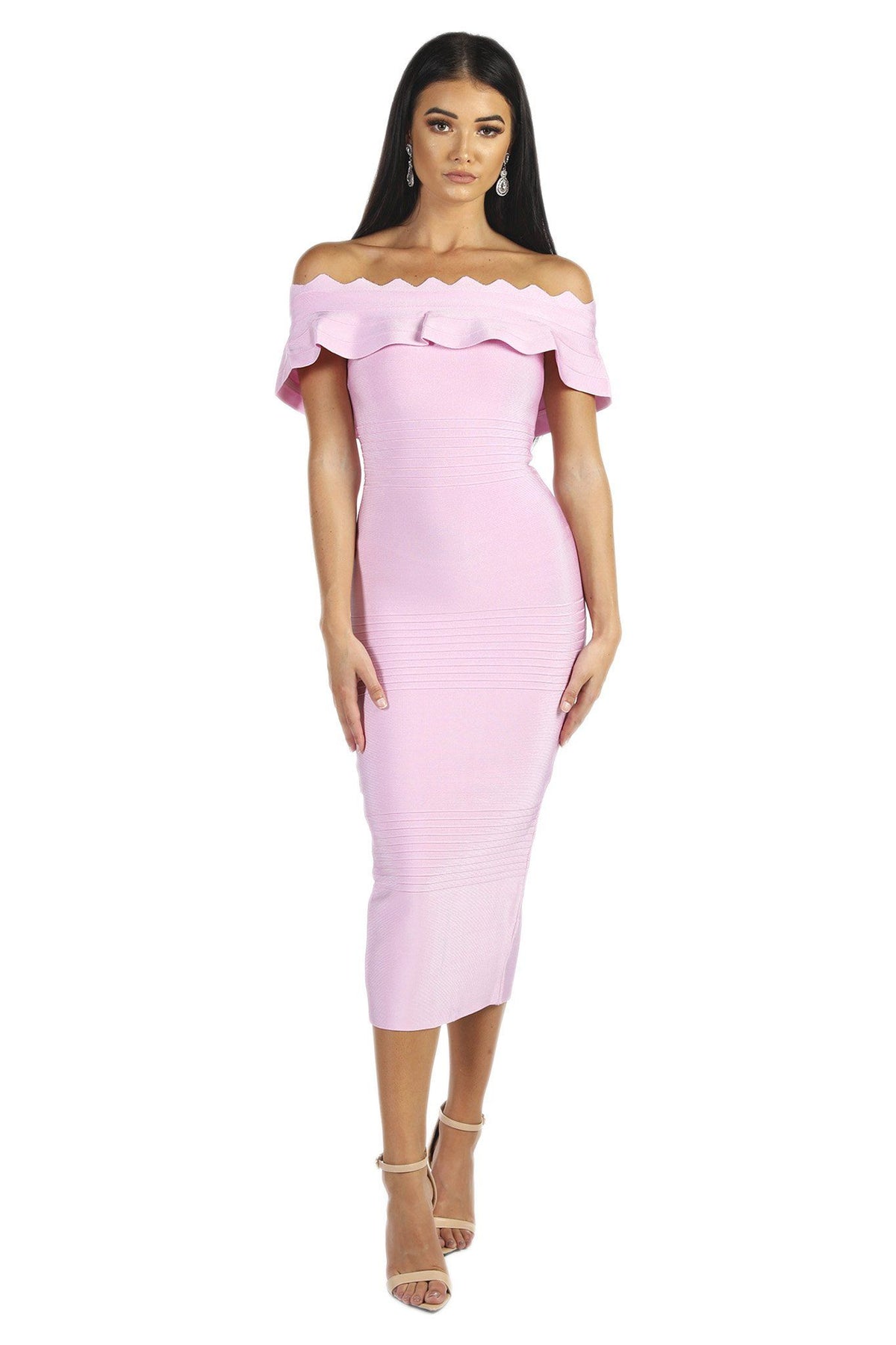 Light Pink Below Knee Length Bodycon Bandage Dress with Ruffled Off-The-Shoulder Neckline