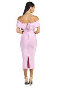 Light Pink Below-Knee Length Bandage Dress with Ruffled Off-The-Shoulder Neckline and Centre Back Slit