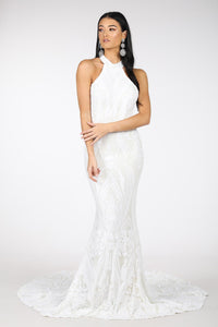 White Pattern Sequin Gown with High Neck and Fit and Flare Mermaid Skirt