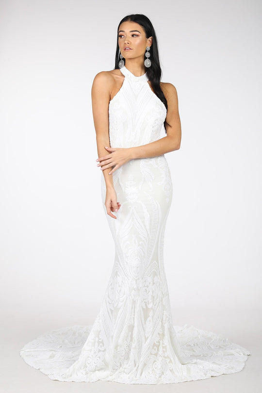 Delilah High Neck Pattern Sequin Gown - White