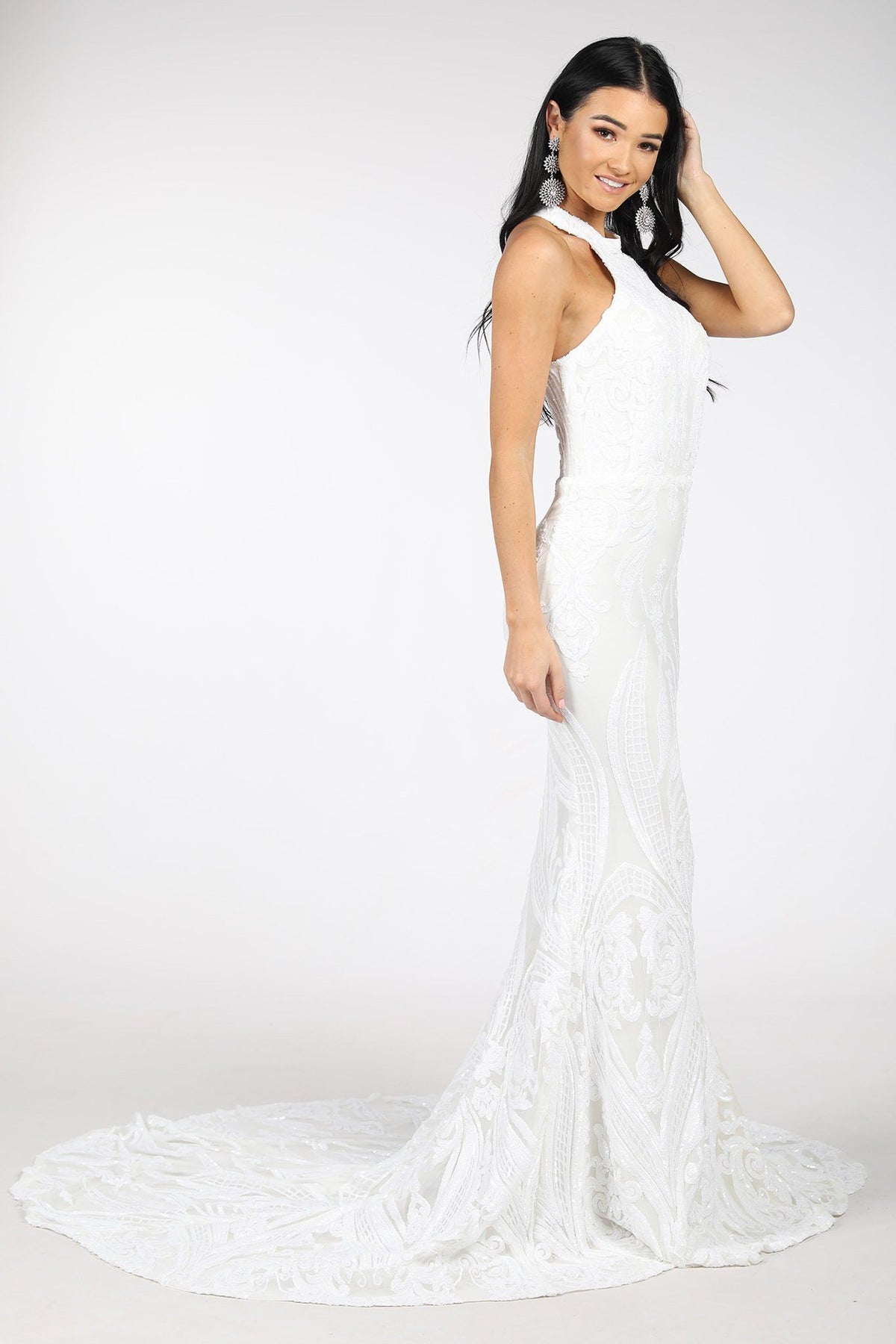 Delilah High Neck Pattern Sequin Gown - White