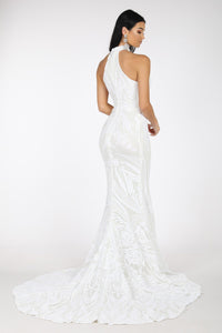 Back Image of White Pattern Sequin Gown with High Neck and Fit and Flare Mermaid Skirt