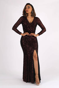 Burgundy Red Sequin Long Sleeve Fitted Evening Maxi Dress with V Neckline, Column Silhouette and Side Split