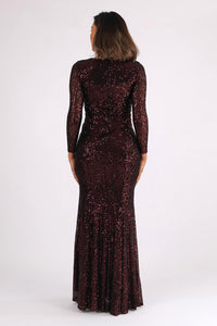 Closed Back Design of Burgundy Red Sequin Long Sleeve Fitted Evening Maxi Dress with V Neckline, Column Silhouette and Side Split