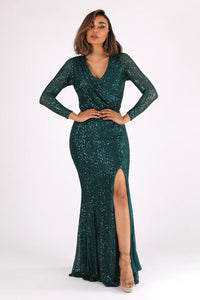 Emerald Green Sequin Long Sleeve Fitted Evening Maxi Dress with V Neckline, Column Silhouette and Side Split