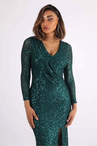 Close Up Image showing Gathered Detailing of Emerald Green Sequin Long Sleeve Fitted Evening Maxi Dress with V Neckline, Column Silhouette and Side Split