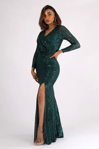 Side Split of Emerald Green Sequin Long Sleeve Fitted Evening Maxi Dress with V Neckline, Column Silhouette