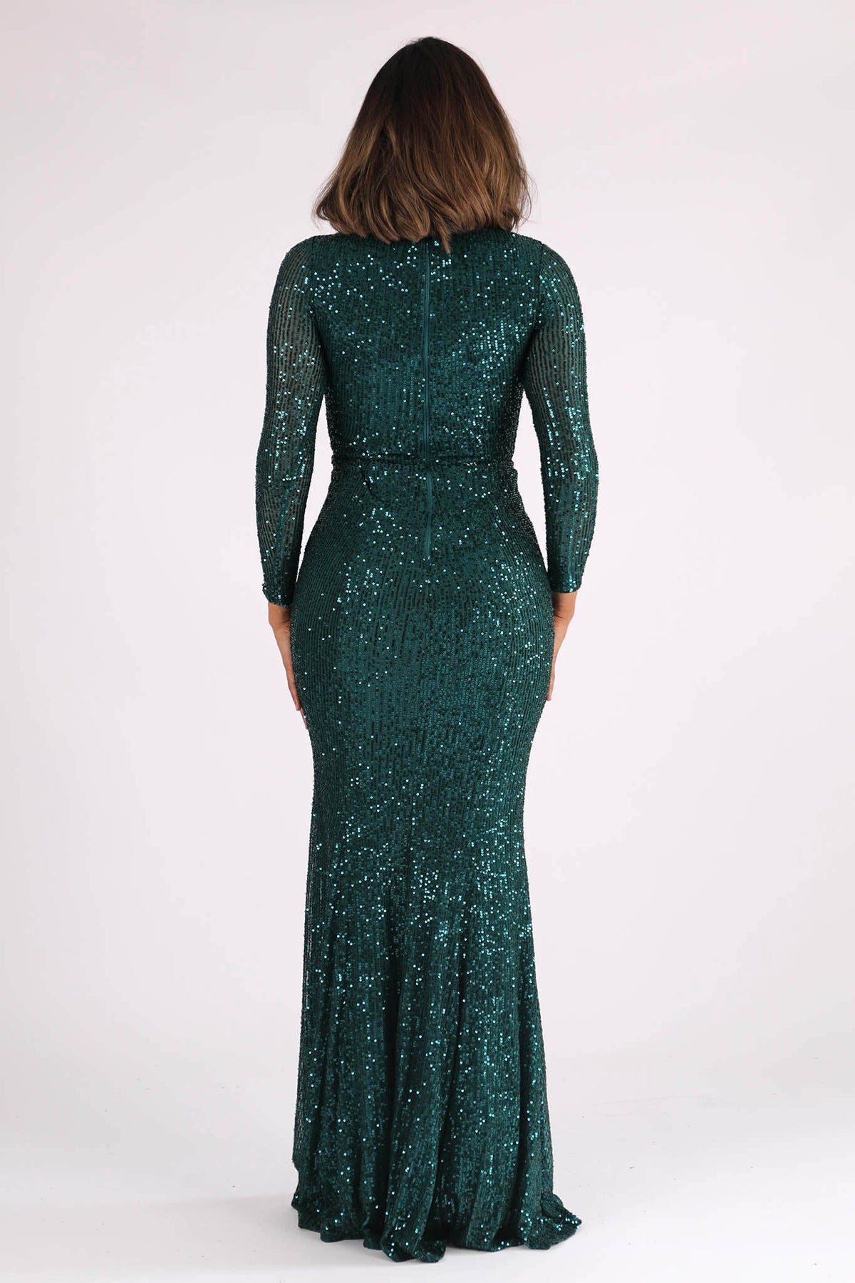Closed Back Design of Emerald Green Sequin Long Sleeve Fitted Evening Maxi Dress with V Neckline, Column Silhouette and Side Split