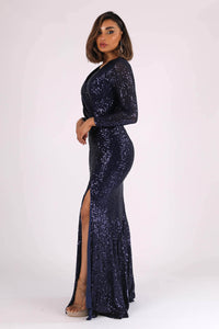 Side Image showing Column Silhouette of  Navy Sequin Long Sleeve Fitted Evening Maxi Dress with V Neckline and Side Split
