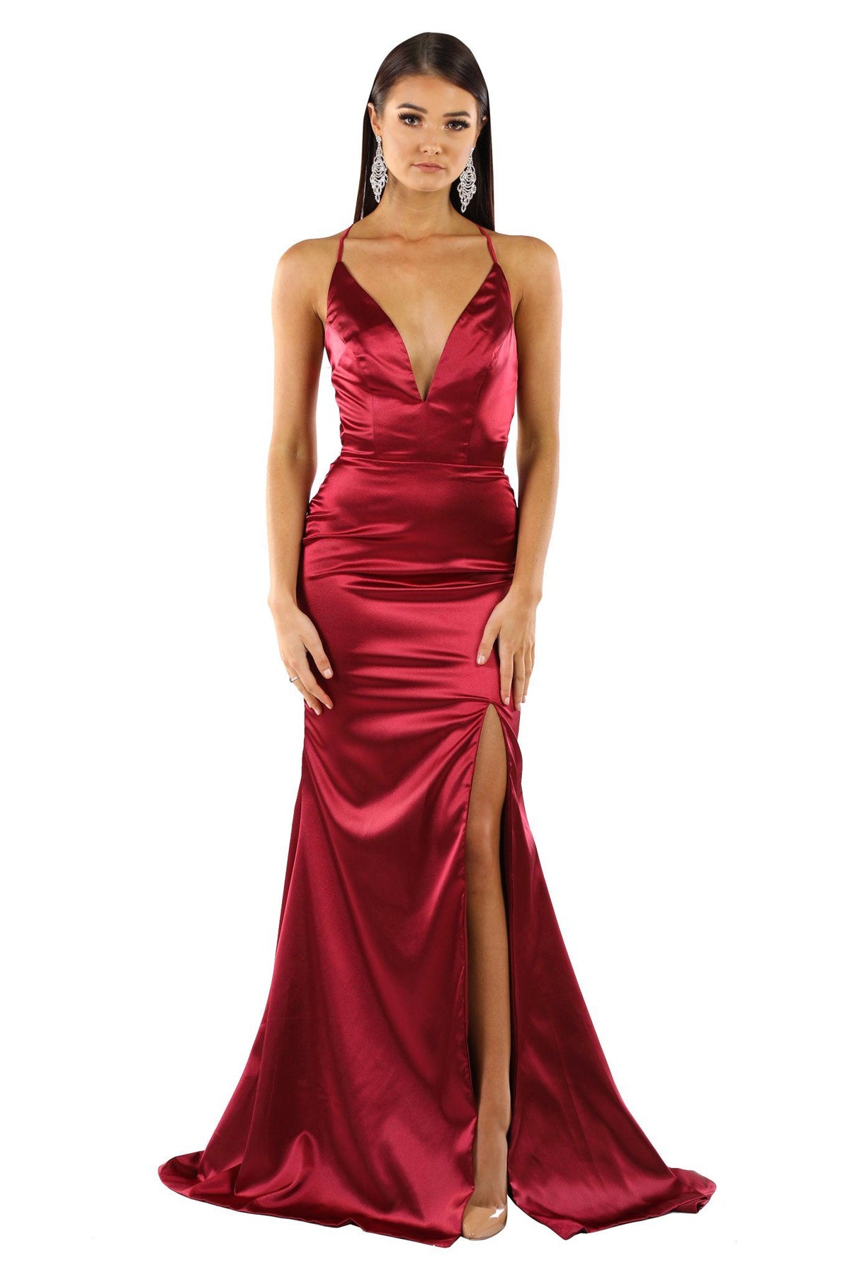 ELECTRA Lace Up Back Front Slit Satin Gown - Deep Red – Noodz Boutique