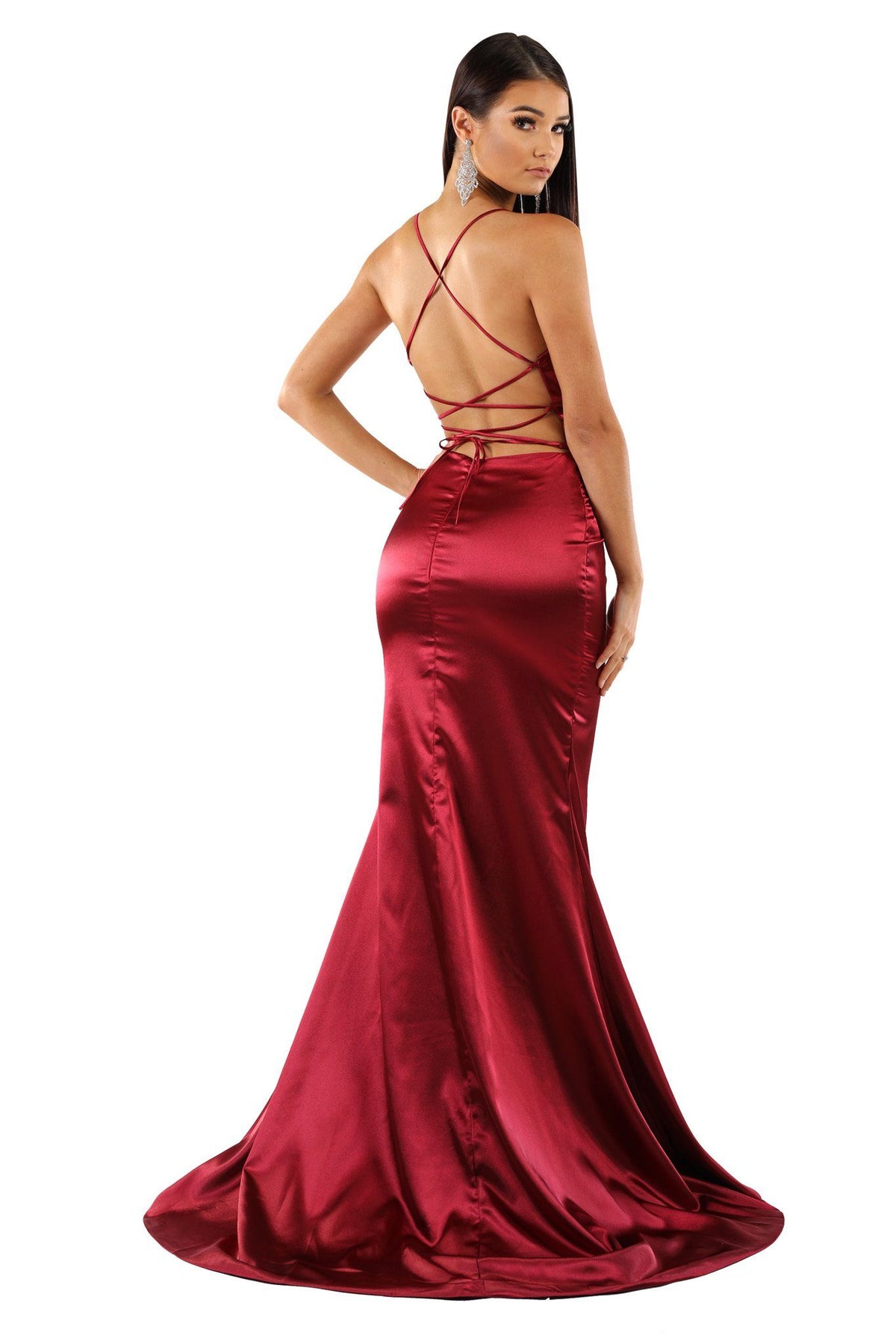 ELECTRA Lace Up Back Front Slit Satin Gown - Deep Red Noodz Boutique ELECTRA Lace Up Back Front Slit Satin Gown - Deep Red Noodz Boutique