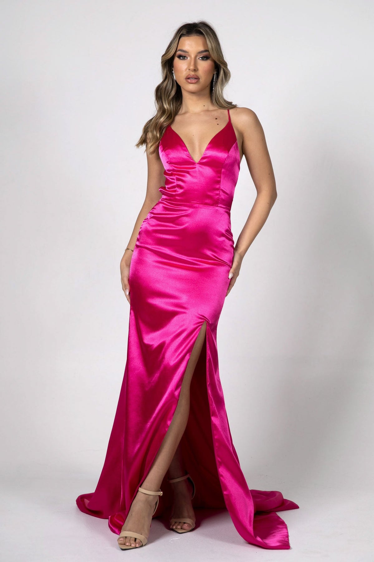 Bright Pink satin formal long maxi dress deep V plunging neckline, high front left slit, lace-up straps on open back, floor sweep train
