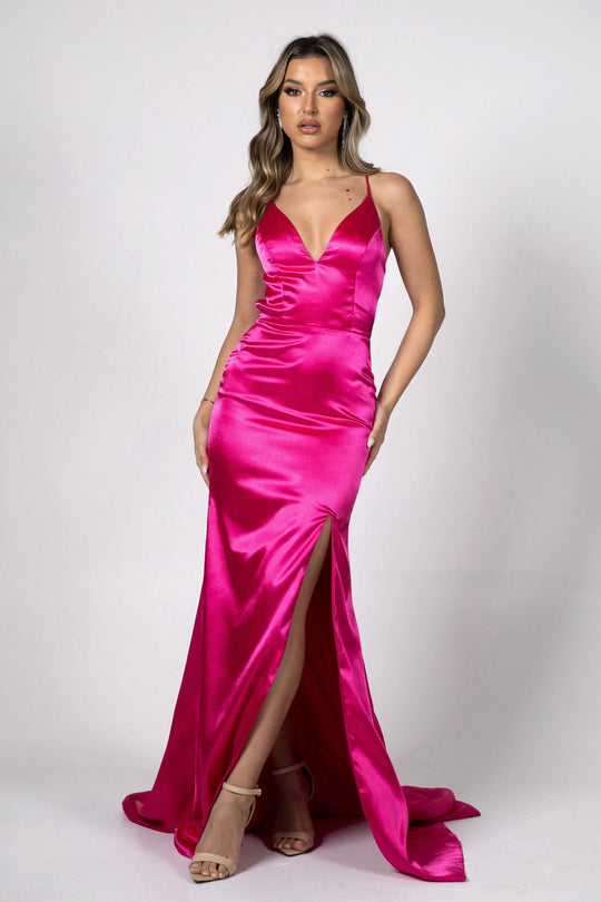 ELECTRA Lace Up Back Front Slit Satin Gown - Bright Pink
