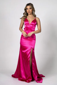 Bright Pink Satin Evening Gown with Side Split and Lace Up on Open Back